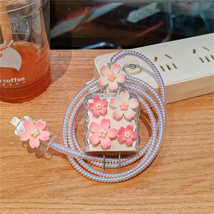 Kawaii Sakura Flower iPhone Clear Silicone Charger Case and Cable Protector Cute iPhone accessories, Kawaii iPhone Charger