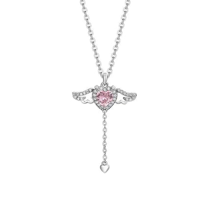 Fairy Wings Pink Heart Crystal Necklace