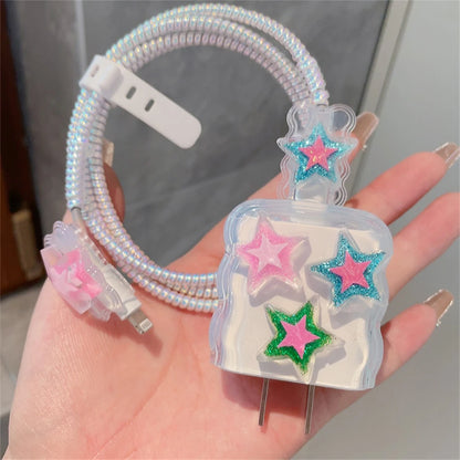 Kawaii Star iPhone Clear Silicone Charger Case and Cable Protector Cute iPhone accessories, Kawaii iPhone Charger