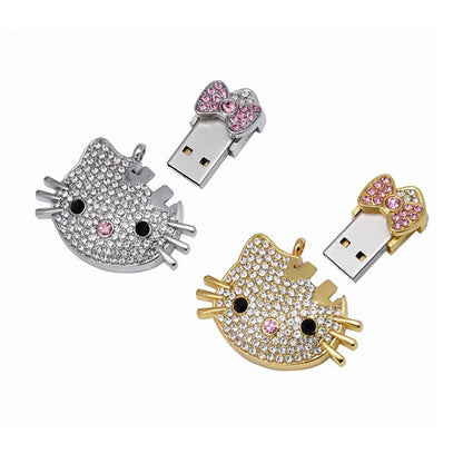 Sanrios Hello Kitty Cartoon Kawaii Original Y2K Girl Full Diamond Pendant Titanium Steel Material U Disk Necklace 512Mb Memory