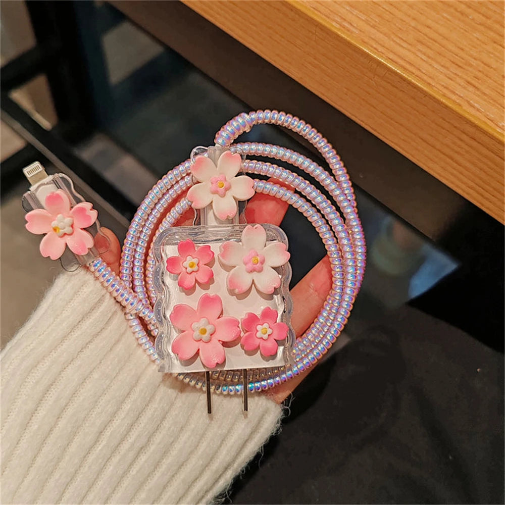 Kawaii Sakura Flower iPhone Clear Silicone Charger Case and Cable Protector Cute iPhone accessories, Kawaii iPhone Charger