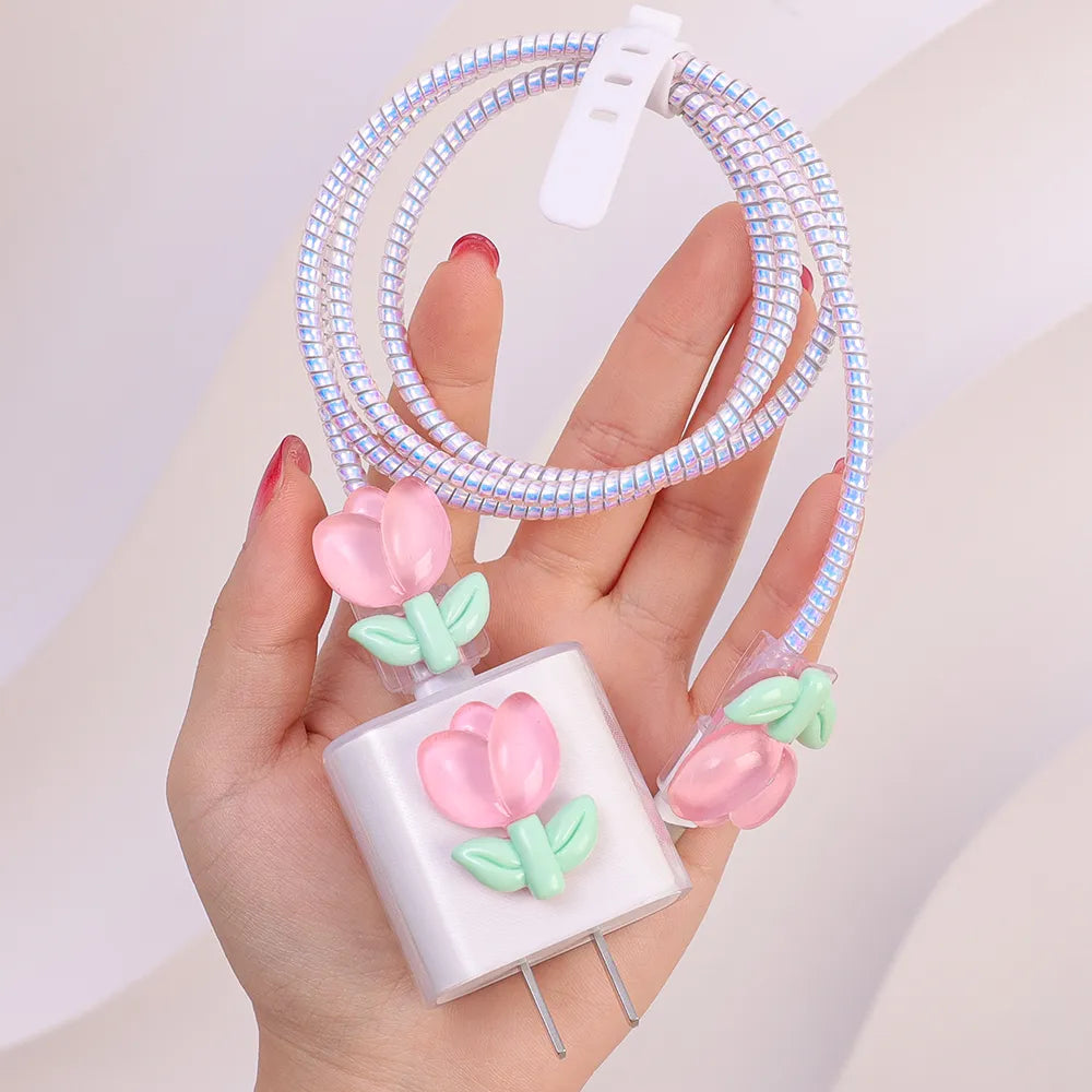 Kawaii Tulip iPhone Clear Silicone Charger Case and Cable Protector Cute iPhone accessories, Kawaii iPhone Charger