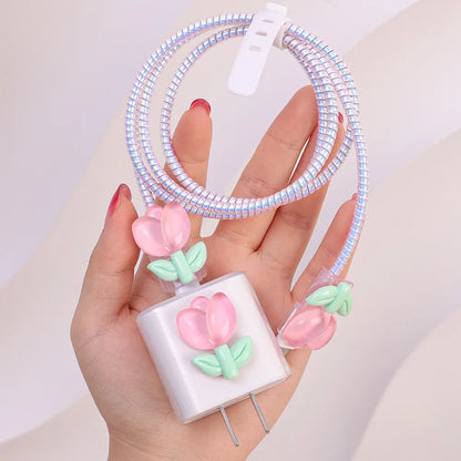 Kawaii Tulip iPhone Clear Silicone Charger Case and Cable Protector Cute iPhone accessories, Kawaii iPhone Charger