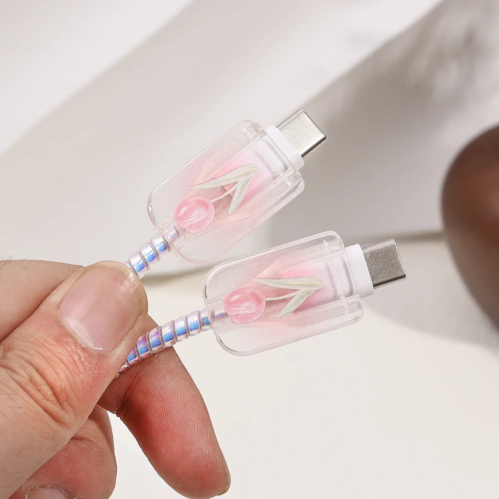 Kawaii Tulip iPhone Clear Silicone Charger Case and Cable Protector Cute iPhone accessories, Kawaii iPhone Charger