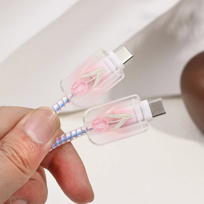 Kawaii Tulip iPhone Clear Silicone Charger Case and Cable Protector Cute iPhone accessories, Kawaii iPhone Charger