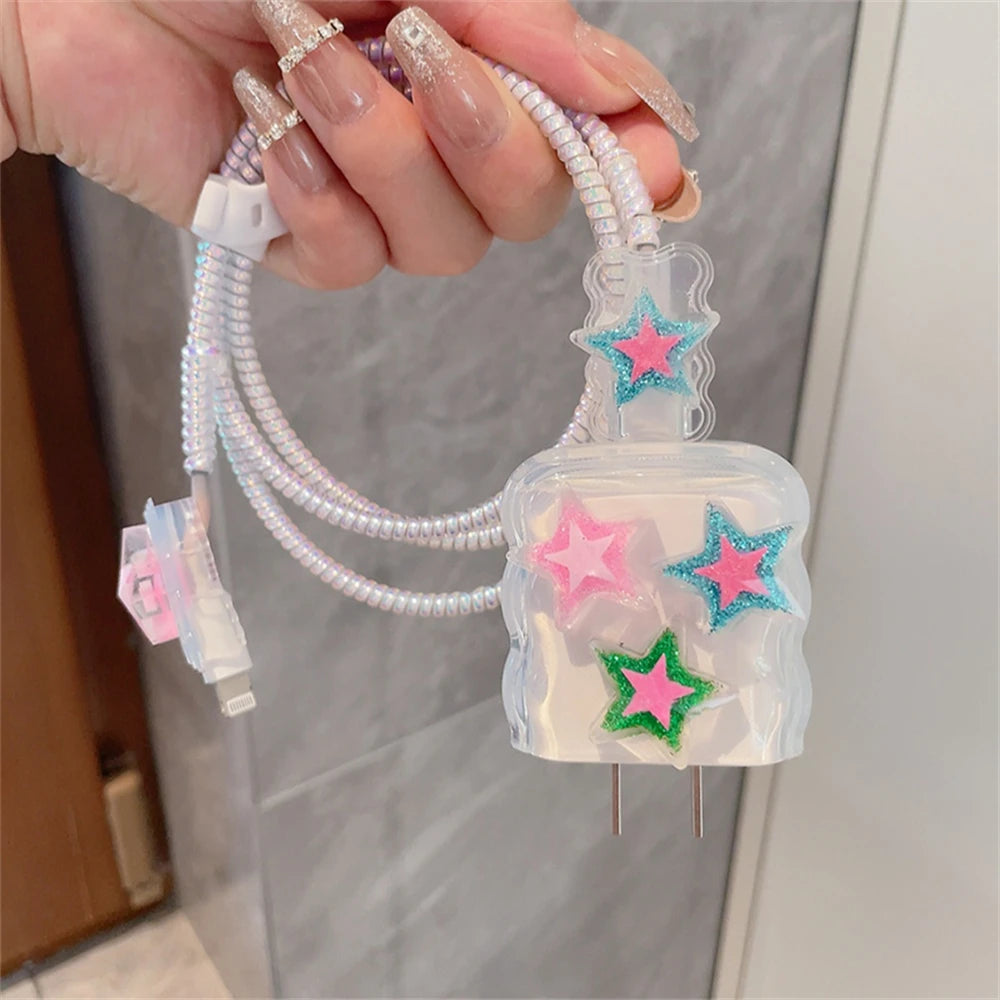 Kawaii Star iPhone Clear Silicone Charger Case and Cable Protector Cute iPhone accessories, Kawaii iPhone Charger