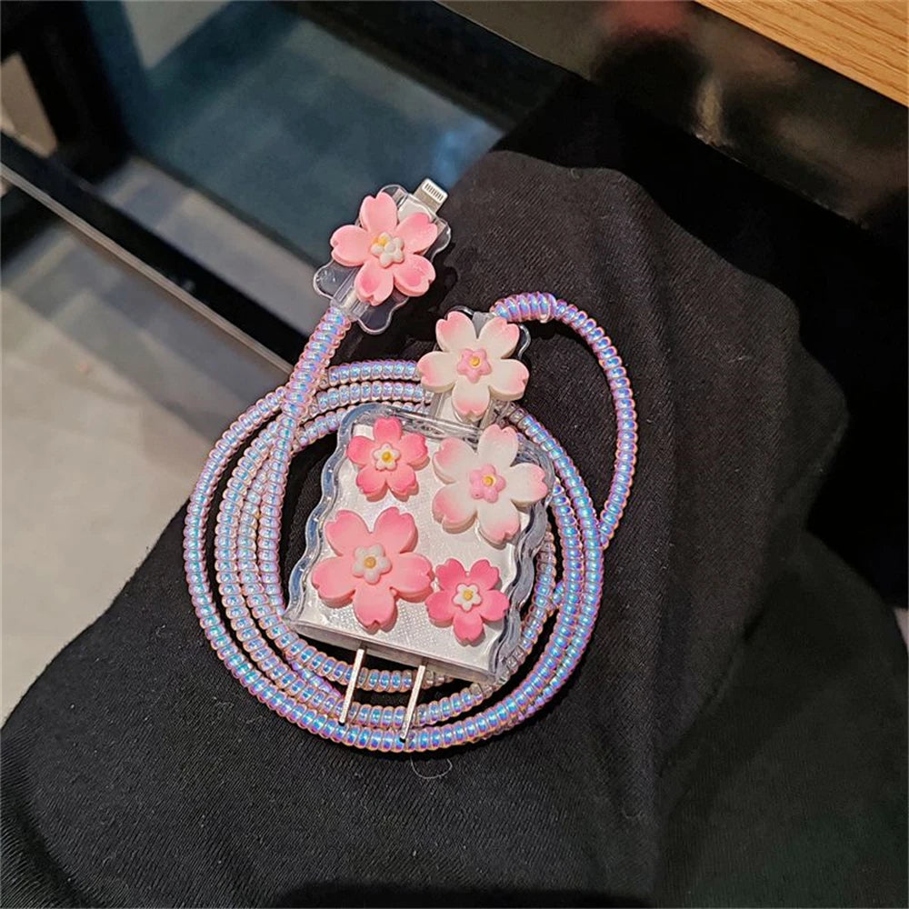 Kawaii Sakura Flower iPhone Clear Silicone Charger Case and Cable Protector Cute iPhone accessories, Kawaii iPhone Charger