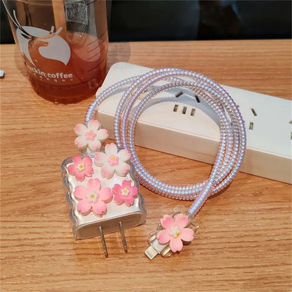 Kawaii Sakura Flower iPhone Clear Silicone Charger Case and Cable Protector Cute iPhone accessories, Kawaii iPhone Charger