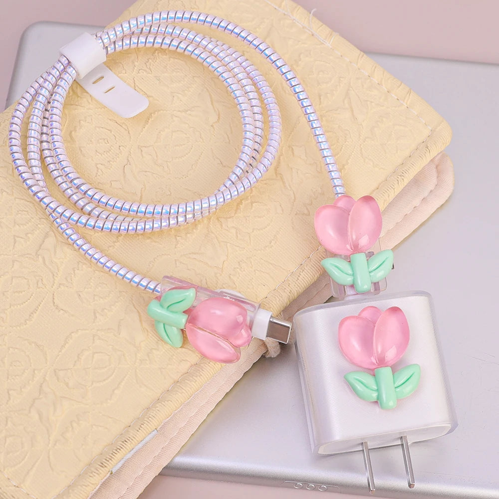 Kawaii Tulip iPhone Clear Silicone Charger Case and Cable Protector Cute iPhone accessories, Kawaii iPhone Charger