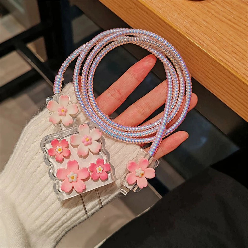 Kawaii Sakura Flower iPhone Clear Silicone Charger Case and Cable Protector Cute iPhone accessories, Kawaii iPhone Charger