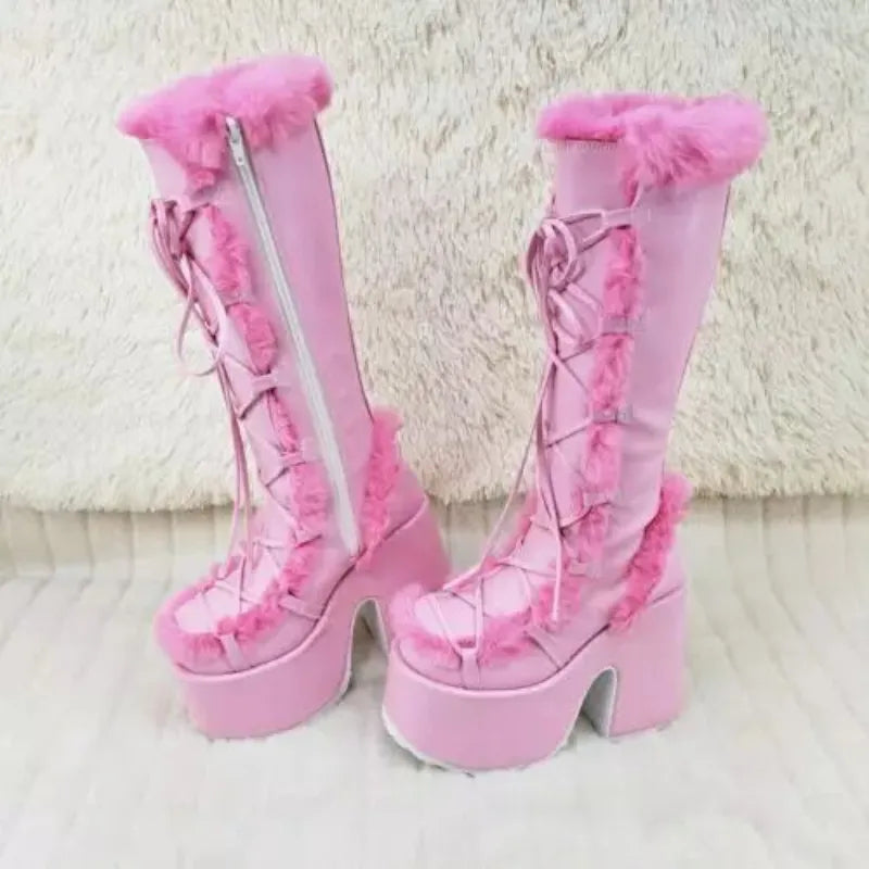 Kawaii Trends Plush Platform Wedge Mid Calf Boots