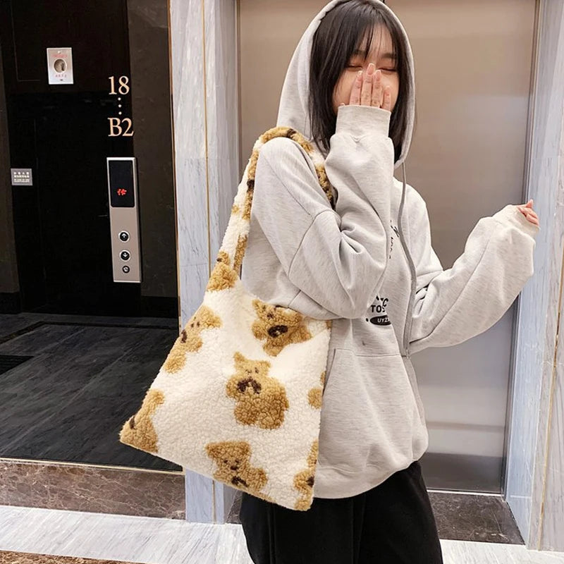 Fluffy Fur Bear Shoulder Tote Bag Canvas Handbags Large Capacity